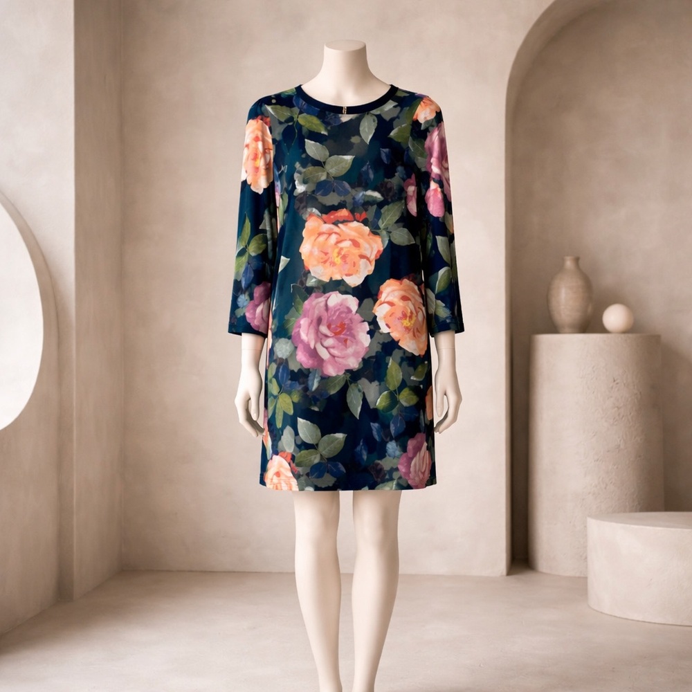 Eliza J Floral Boho 3/4 Sleeve Midi Dress Professional Career Zip Size 8 Petite